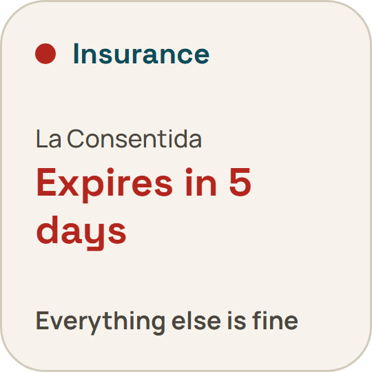 Documents widget: the insurance expires in 5 days.