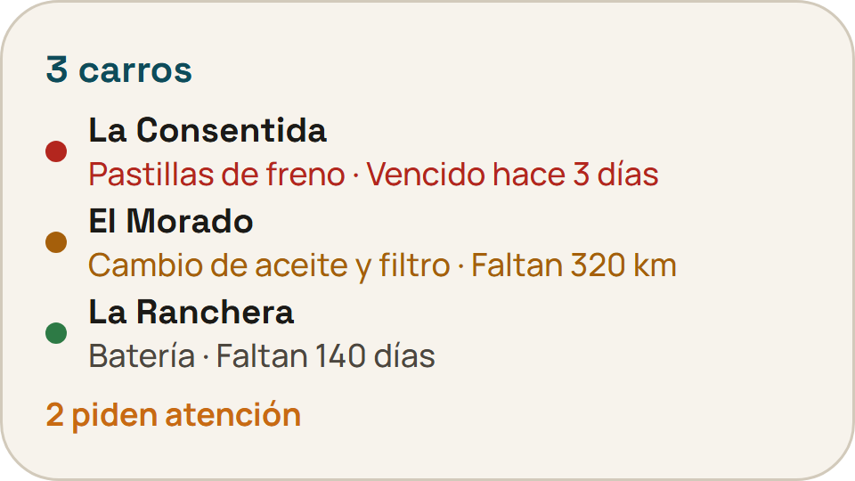 Widget Mis carros: tres carros con su próximo servicio.