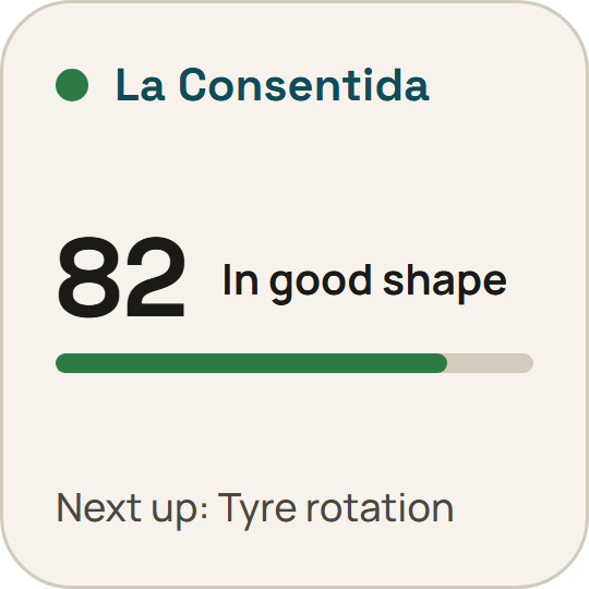 Car health widget: 82, in good shape.
